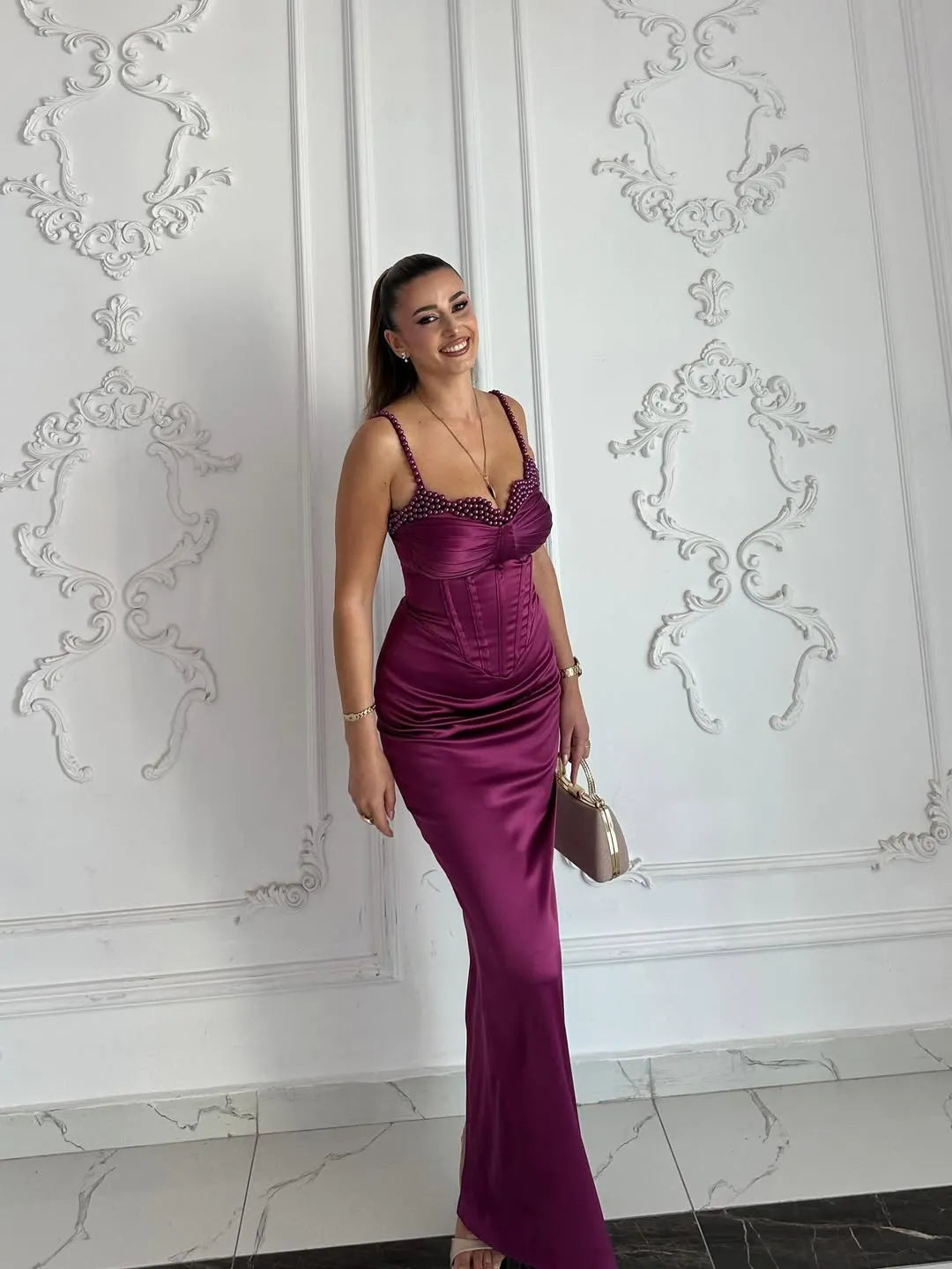 Plum Spaghetti Strap Pearl Trim Corset Satin Mermaid Long Formal Evening Prom Dress