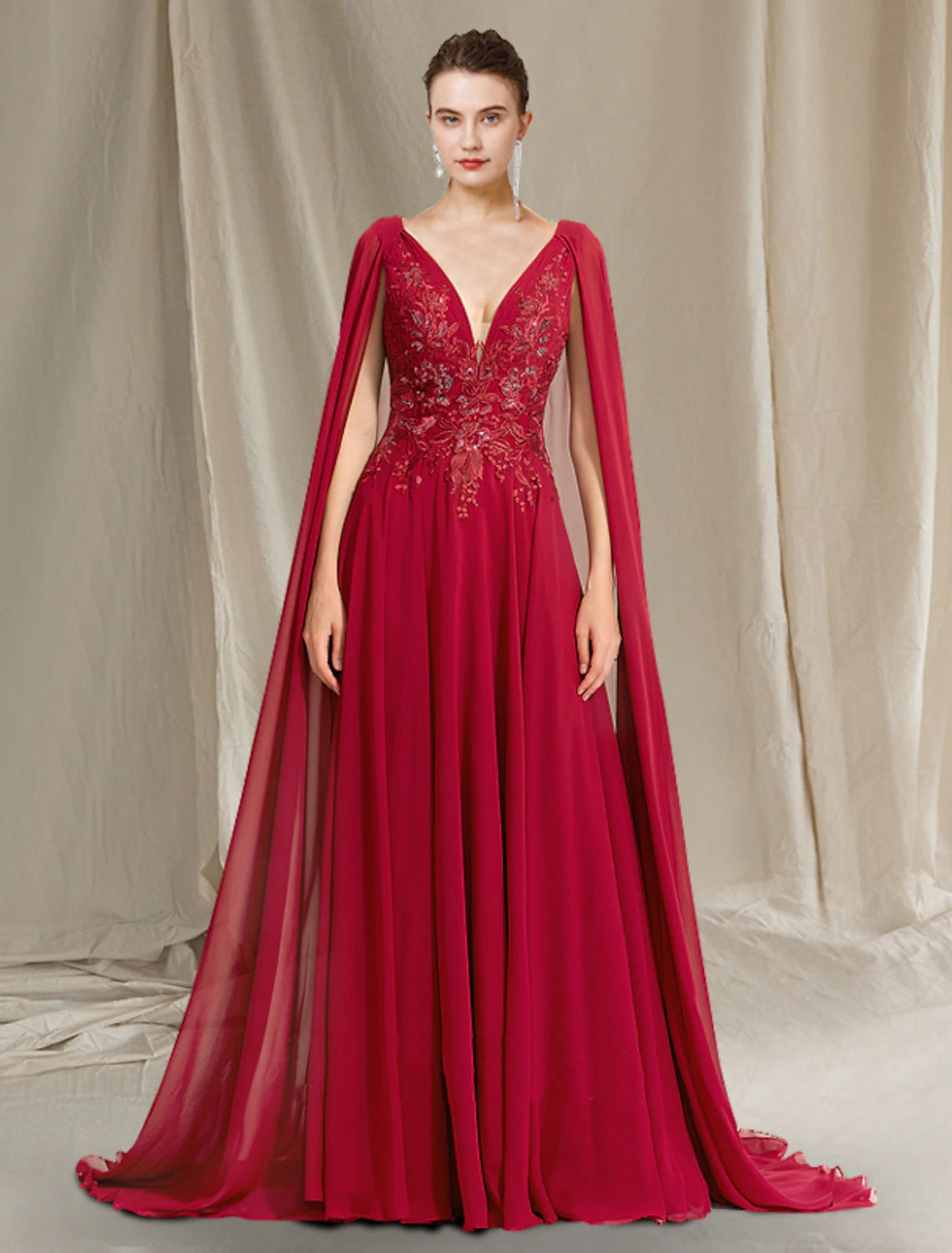 Plus size A-line V-neck chiffon lace gown with sweep train.