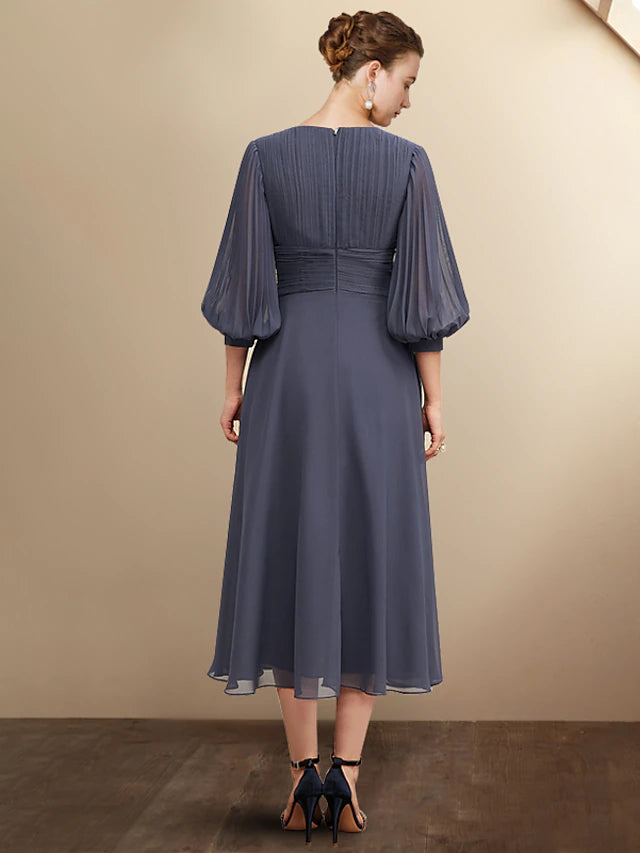 Side view of the elegant plus size mother of the bride dress.