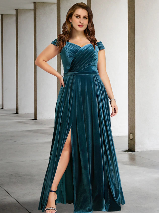 Elegant plus size A-line velvet off-shoulder gown with short sleeves and pleats.