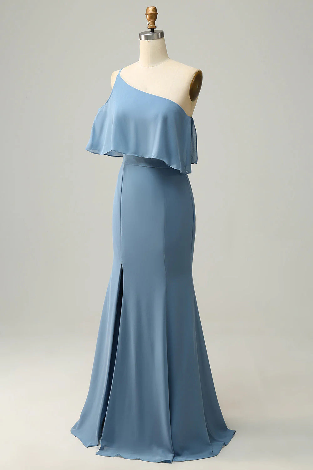 Back view of a plus size woman wearing a one shoulder sheath bridesmaid dress.