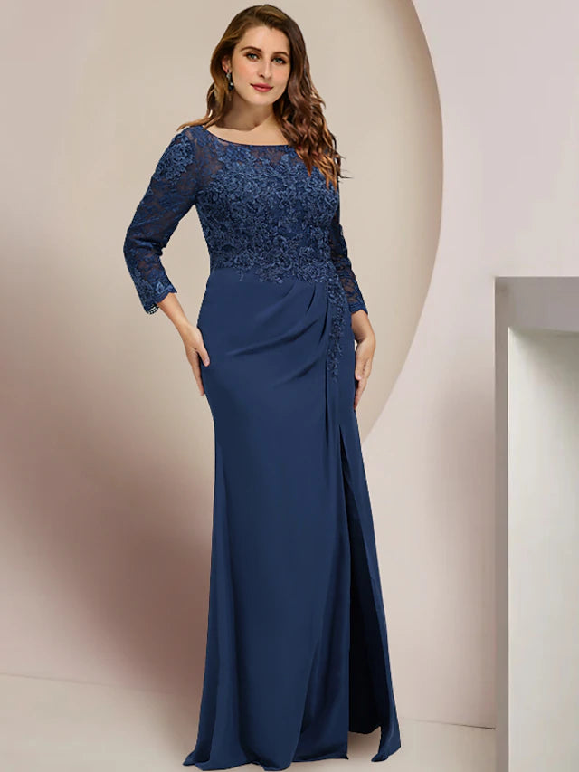 Plus size mother of the bride gown with scoop neck and long sleeves.