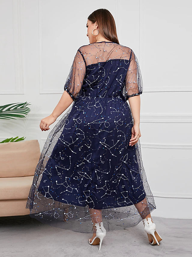 Detail of the scoop neck and half sleeves on the sequin tulle dress.
