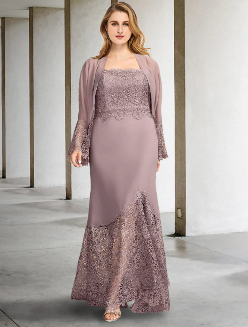 Woman wearing a two-piece plus size A-line mother of the bride dress with appliques and a square neck.
