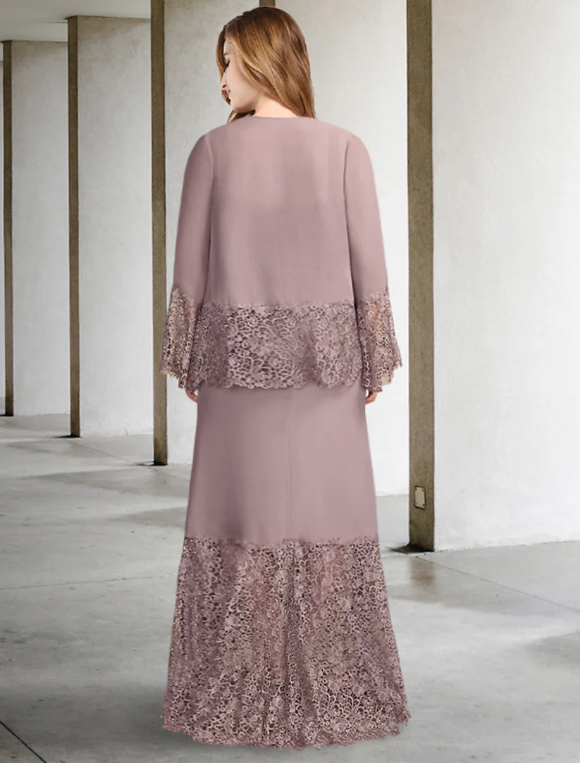 Side view of the plus size A-line chiffon dress, showing appliques and the two-piece design.