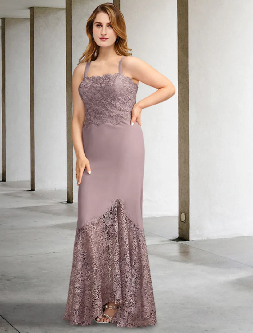 Close-up of the square neckline and delicate appliques on the plus size formal dress.
