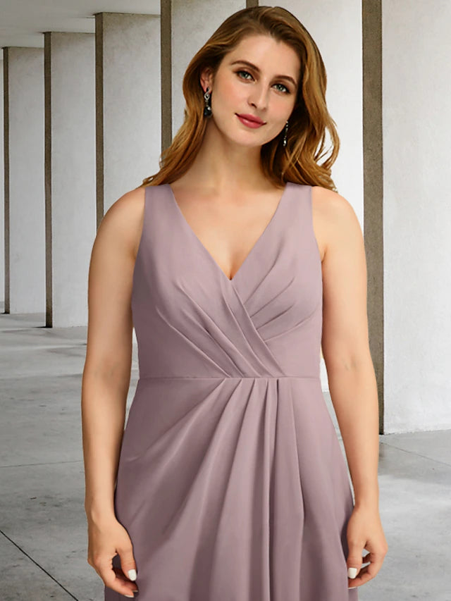 Side view of the flowing chiffon skirt with ruffles on the two-piece gown.
