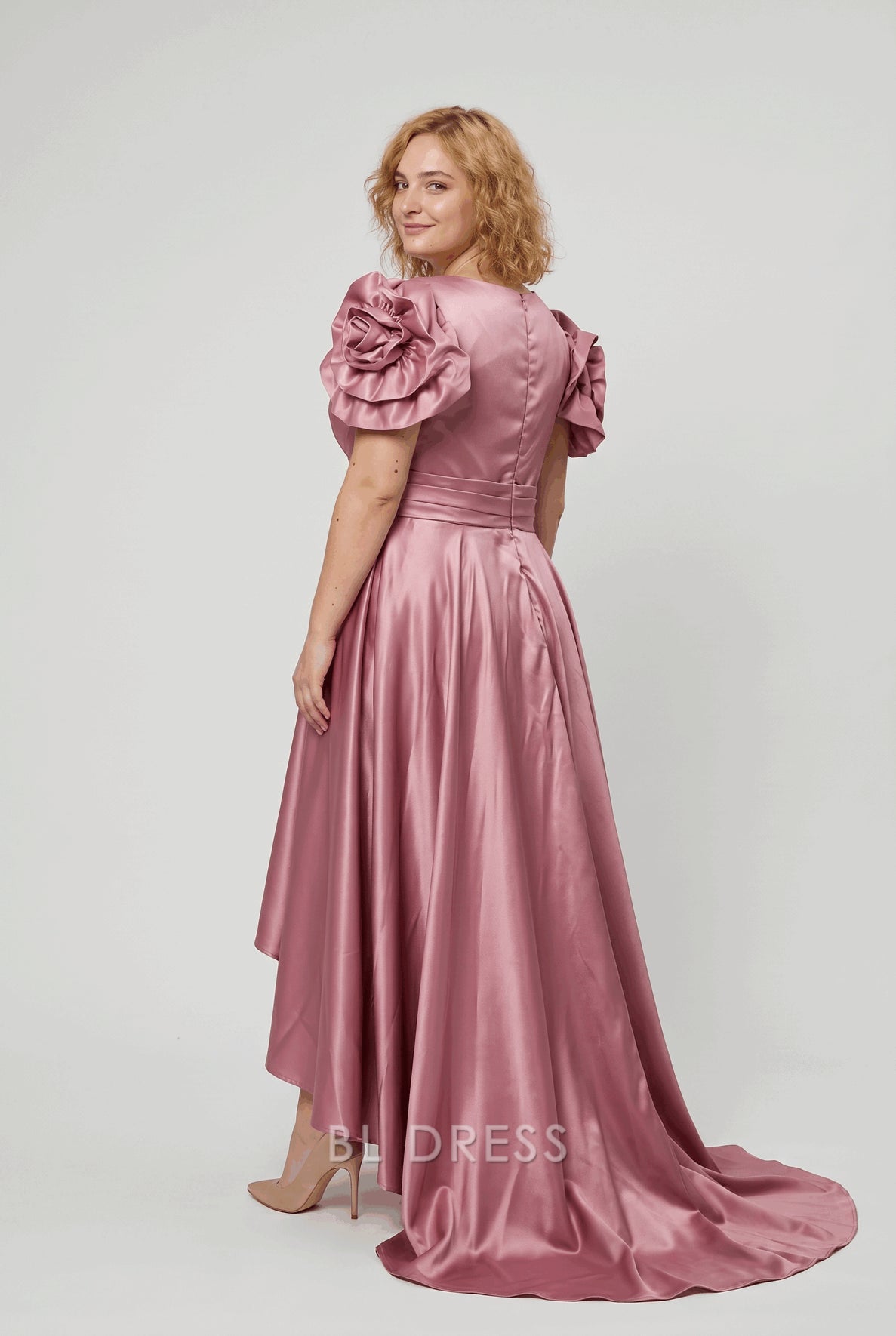 Plus Size Satin V-Neck 3D Rose Sleeve High-Low Train Formal Evening Dress