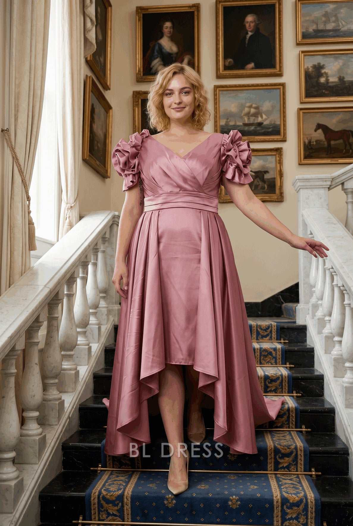 Plus Size Satin V-Neck 3D Rose Sleeve High-Low Train Formal Evening Dress
