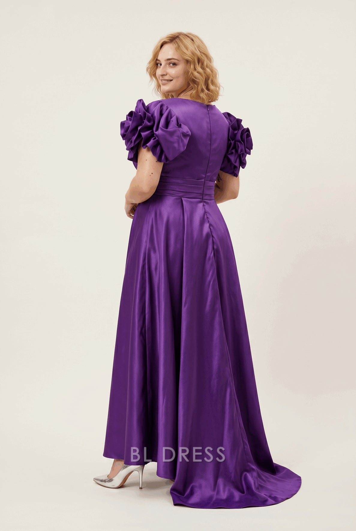 Plus Size Satin V-Neck 3D Rose Sleeve High-Low Train Formal Evening Dress