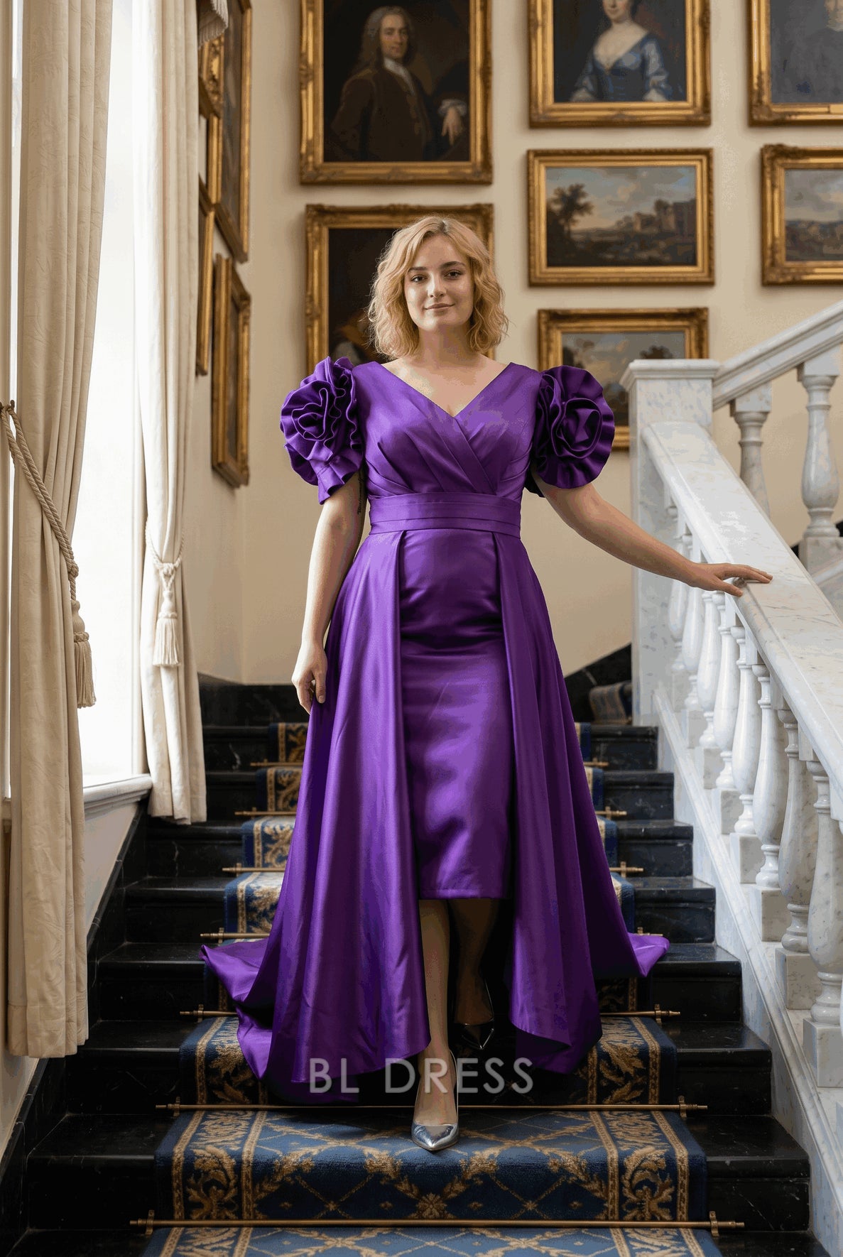 Plus Size Satin V-Neck 3D Rose Sleeve High-Low Train Formal Evening Dress