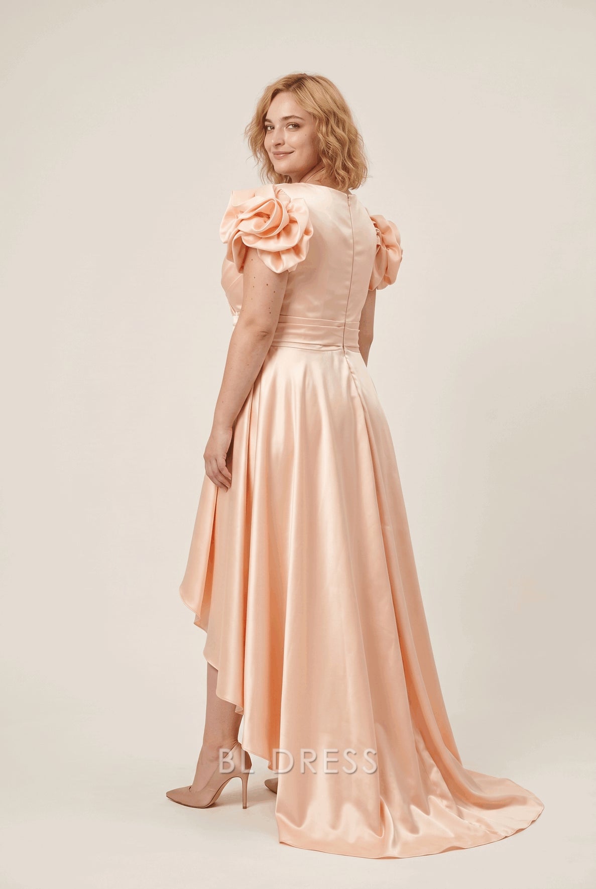 Plus Size Satin V-Neck 3D Rose Sleeve High-Low Train Formal Evening Dress