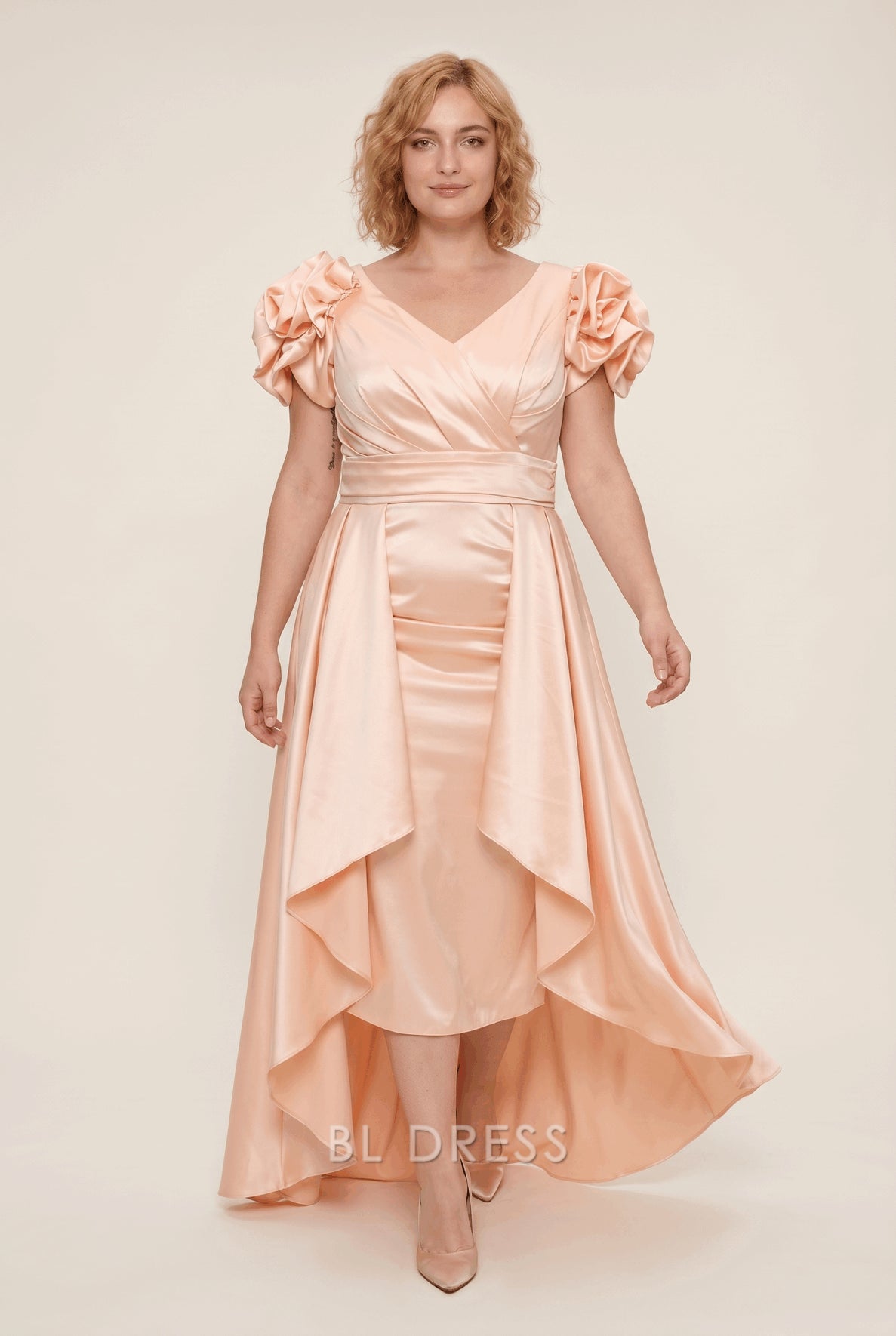 Plus Size Satin V-Neck 3D Rose Sleeve High-Low Train Formal Evening Dress