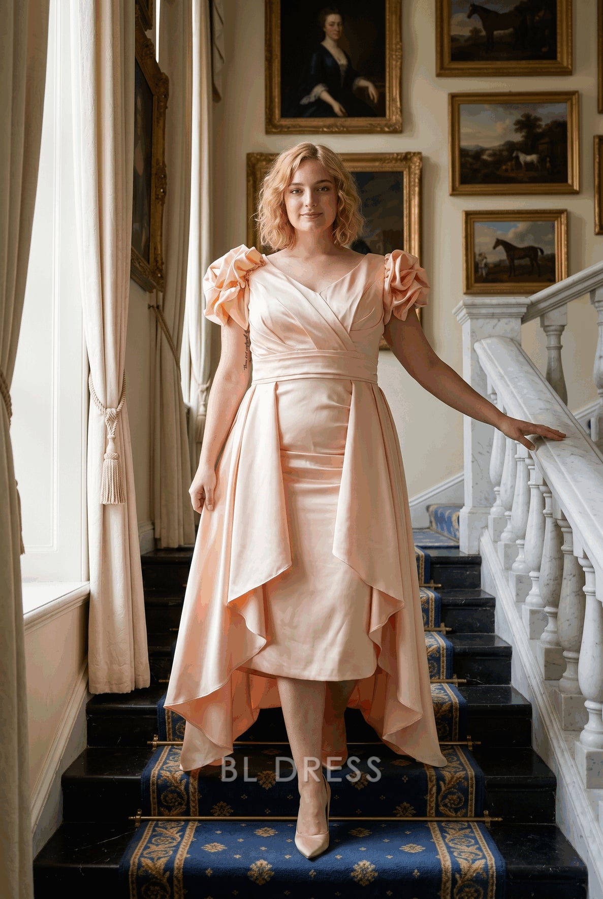 Plus Size Satin V-Neck 3D Rose Sleeve High-Low Train Formal Evening Dress