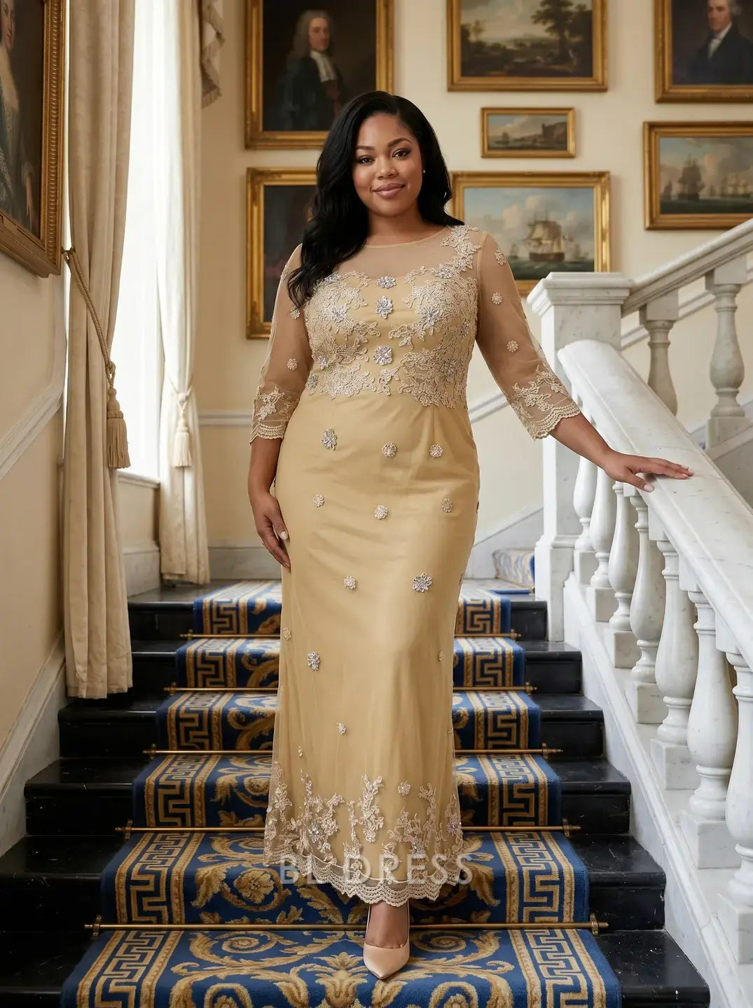 Plus Size Sheer Lace Embroidered 3/4 Sleeve Mermaid Maxi Evening Dress