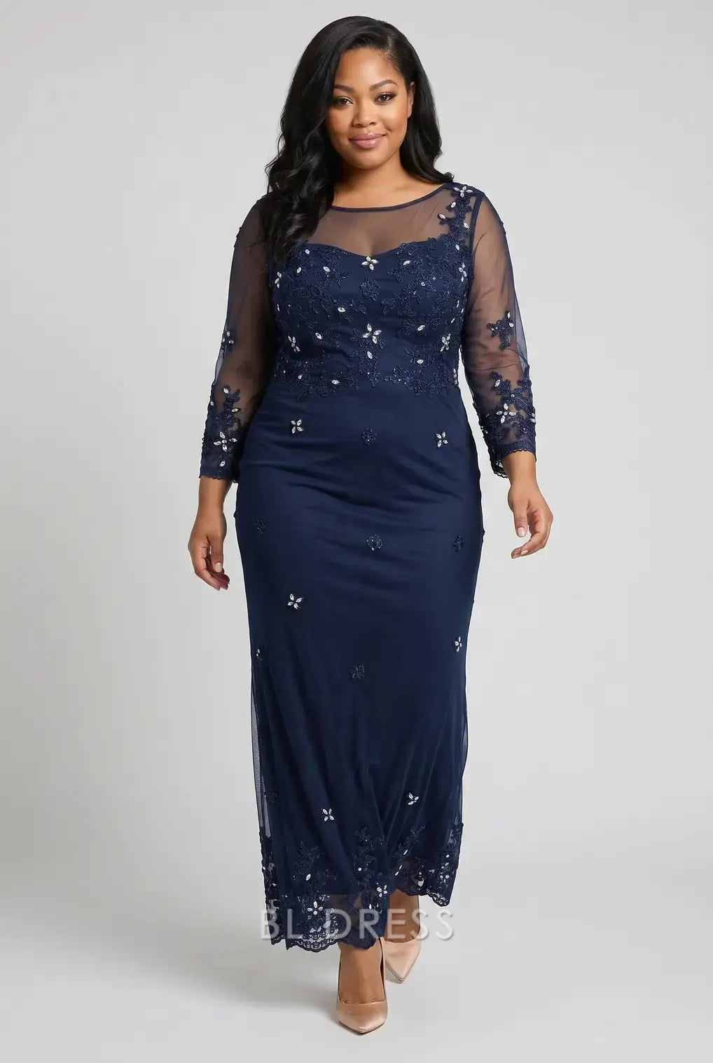 Plus Size Sheer Lace Embroidered 3/4 Sleeve Mermaid Maxi Evening Dress
