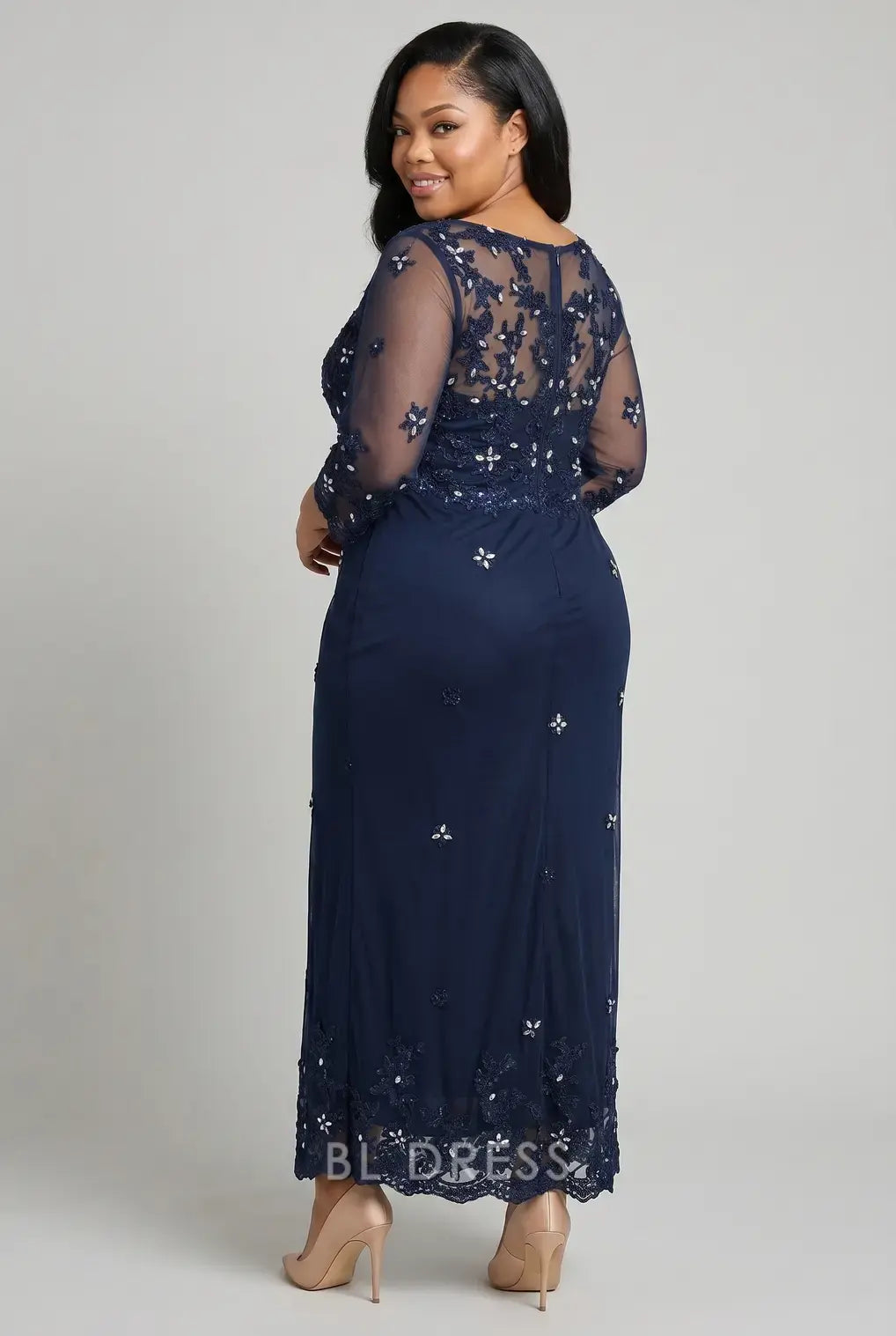 Plus Size Sheer Lace Embroidered 3/4 Sleeve Mermaid Maxi Evening Dress
