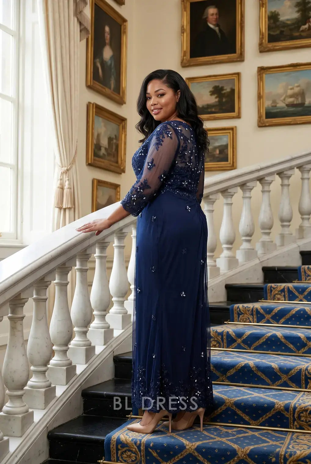 Plus Size Sheer Lace Embroidered 3/4 Sleeve Mermaid Maxi Evening Dress