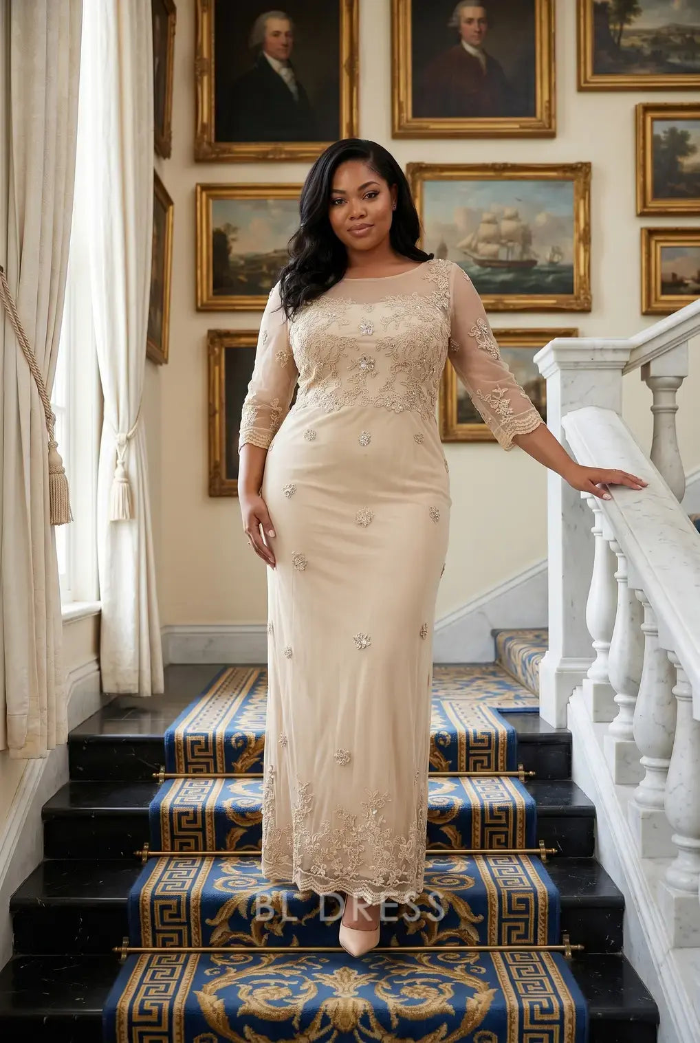 Plus Size Sheer Lace Embroidered 3/4 Sleeve Mermaid Maxi Evening Dress