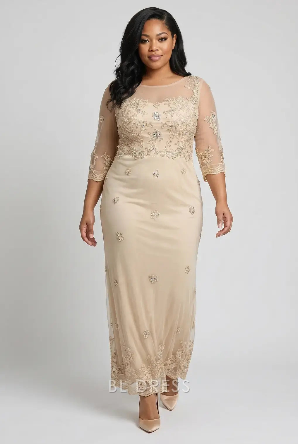 Plus Size Sheer Lace Embroidered 3/4 Sleeve Mermaid Maxi Evening Dress