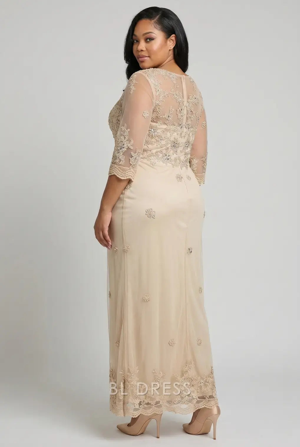 Plus Size Sheer Lace Embroidered 3/4 Sleeve Mermaid Maxi Evening Dress