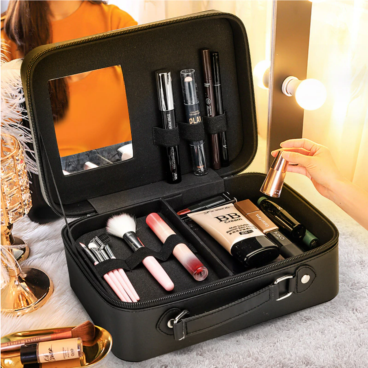 Double layer travel makeup bag with zipper closure.