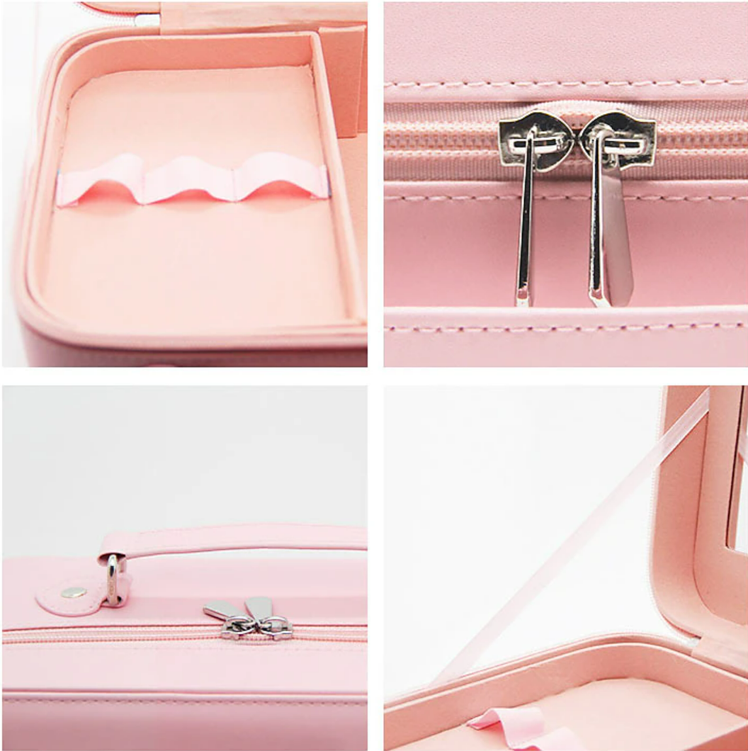 Travel makeup bag holding various cosmetic brushes and products.