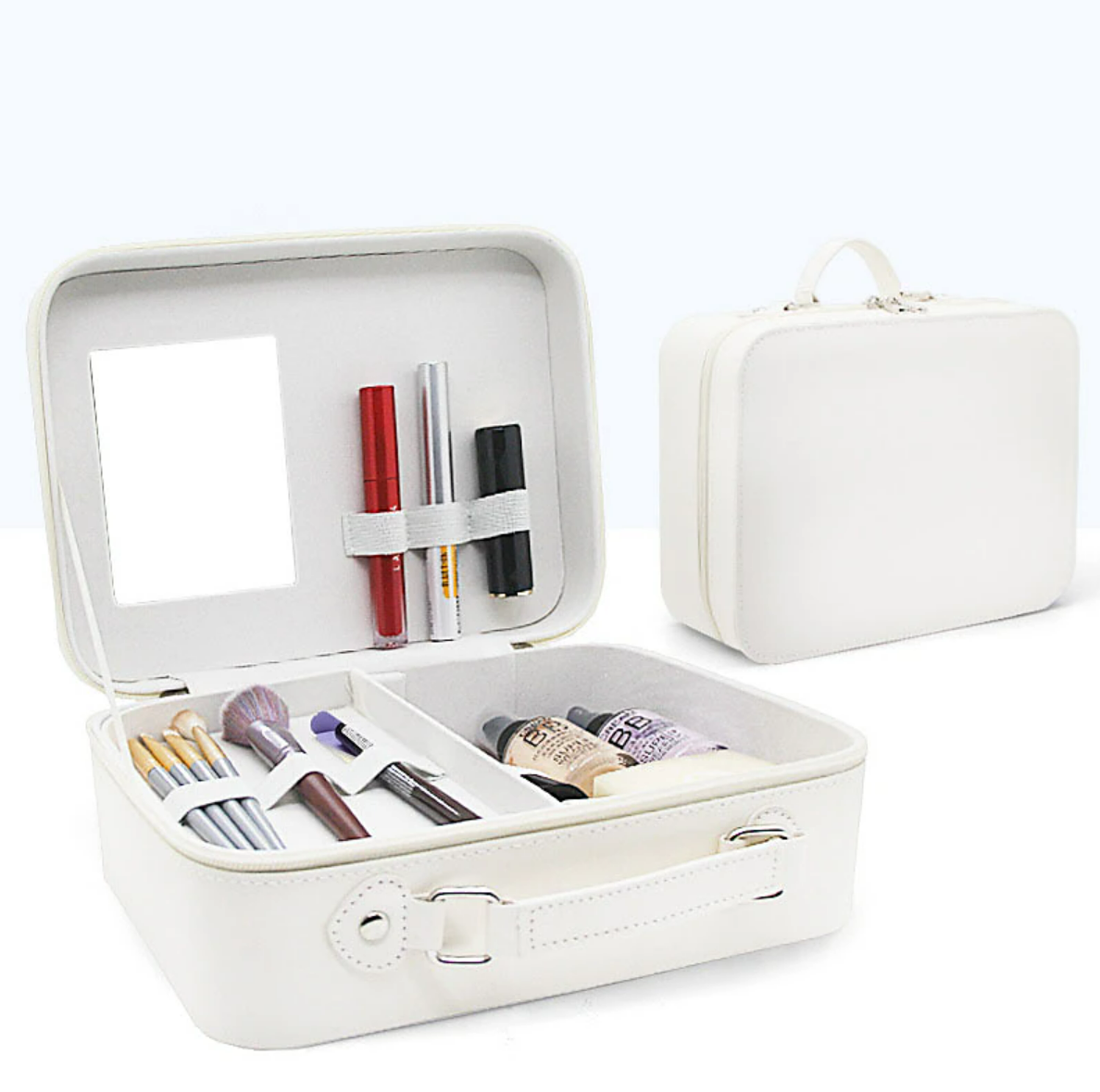 Portable travel makeup bag with handle.