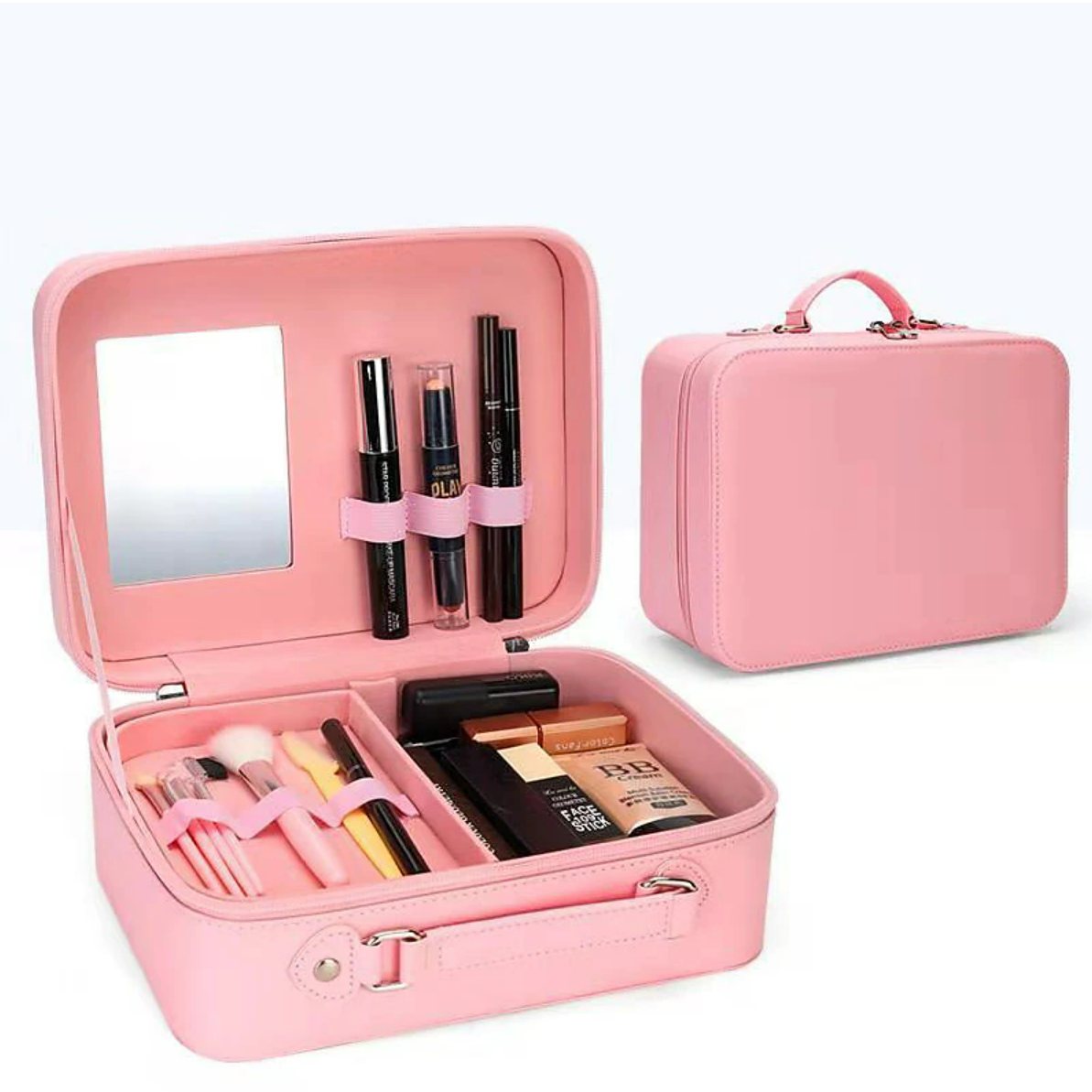 Cosmetic bag filled with makeup and personal items.