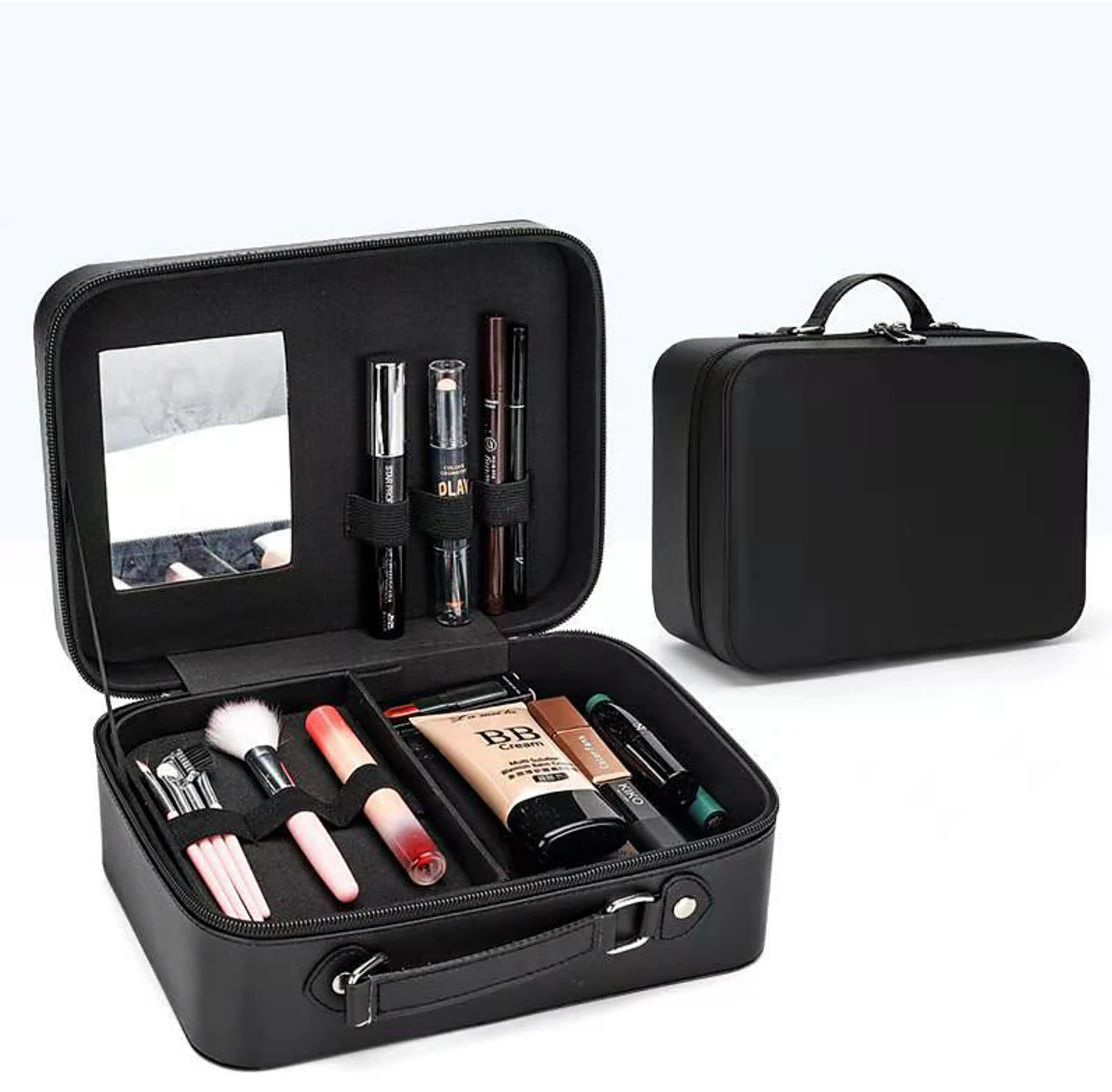 Closed double layer makeup bag, front view.