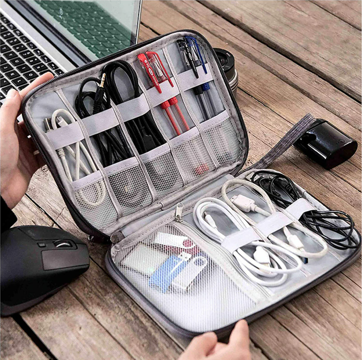 Closed view of a compact electronic organizer bag.