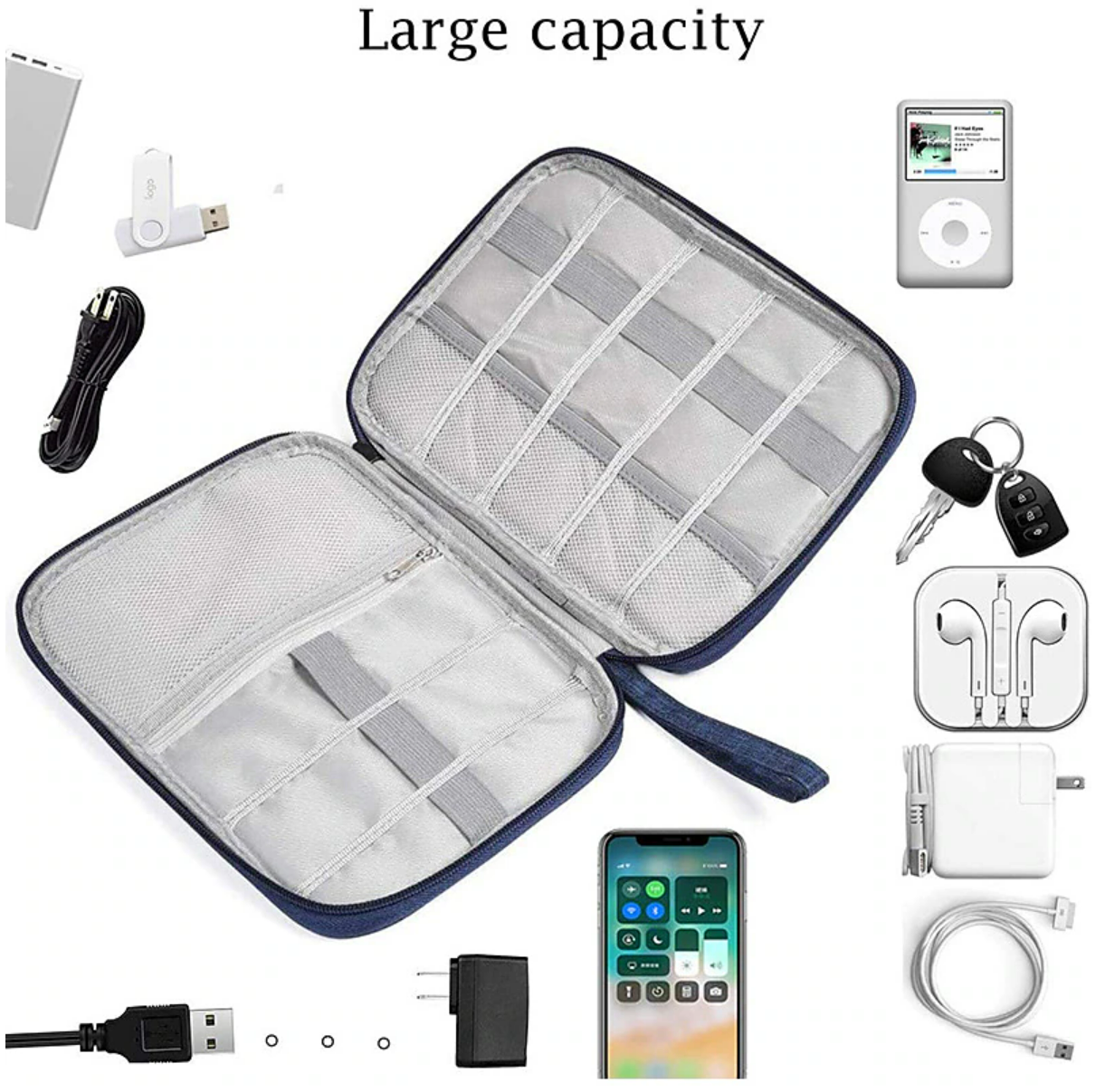 Open electronic organizer bag with various cables and chargers.