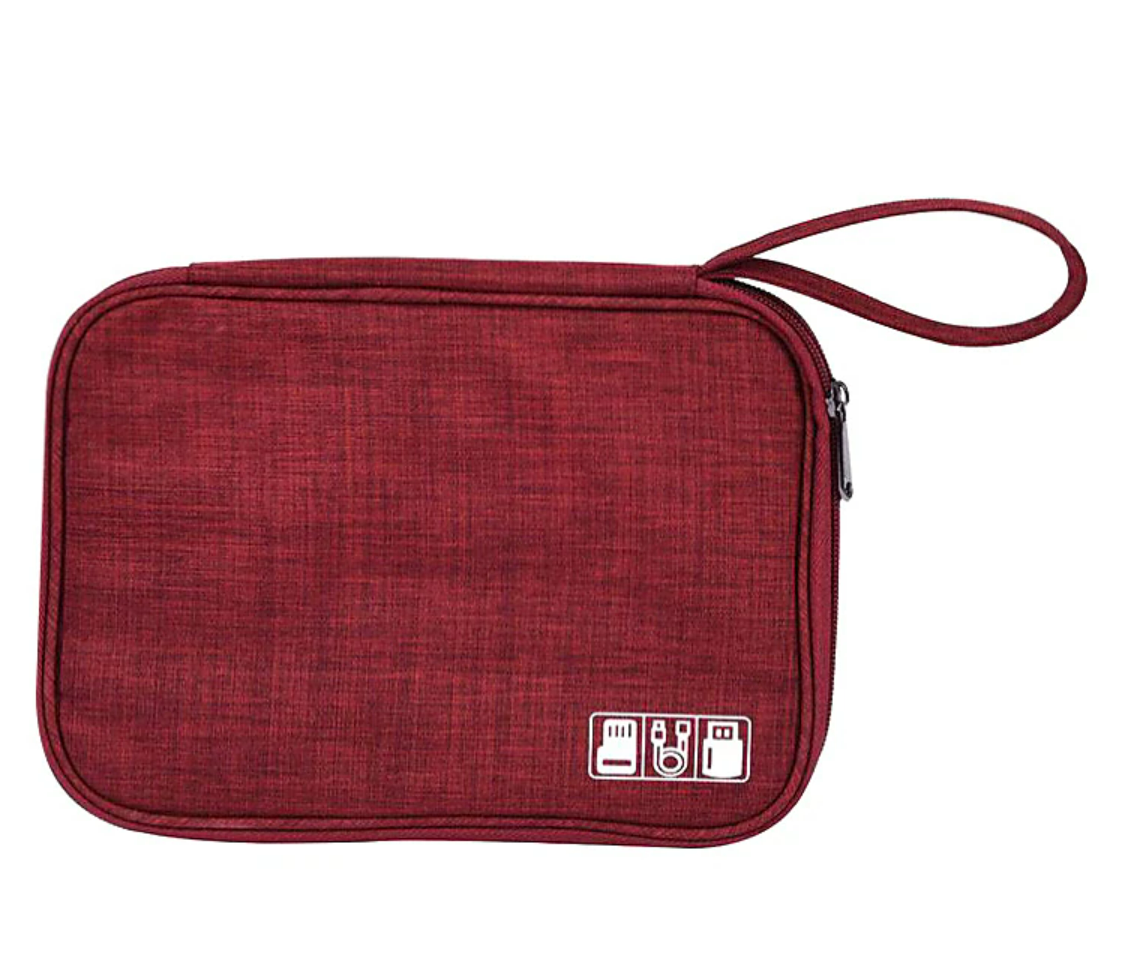 Electronic organizer bag, partially open, showing internal mesh pockets.