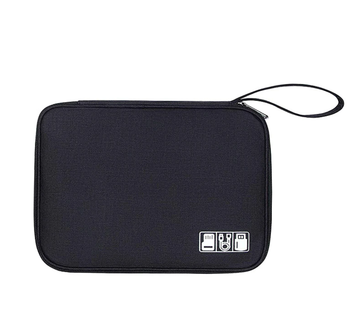 Electronic organizer bag, open, displaying organized cables.