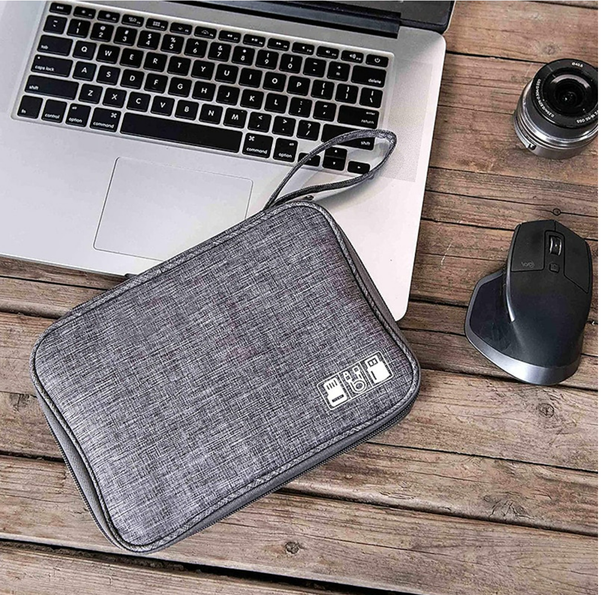 Electronic organizer bag, closed, showing its compact size.