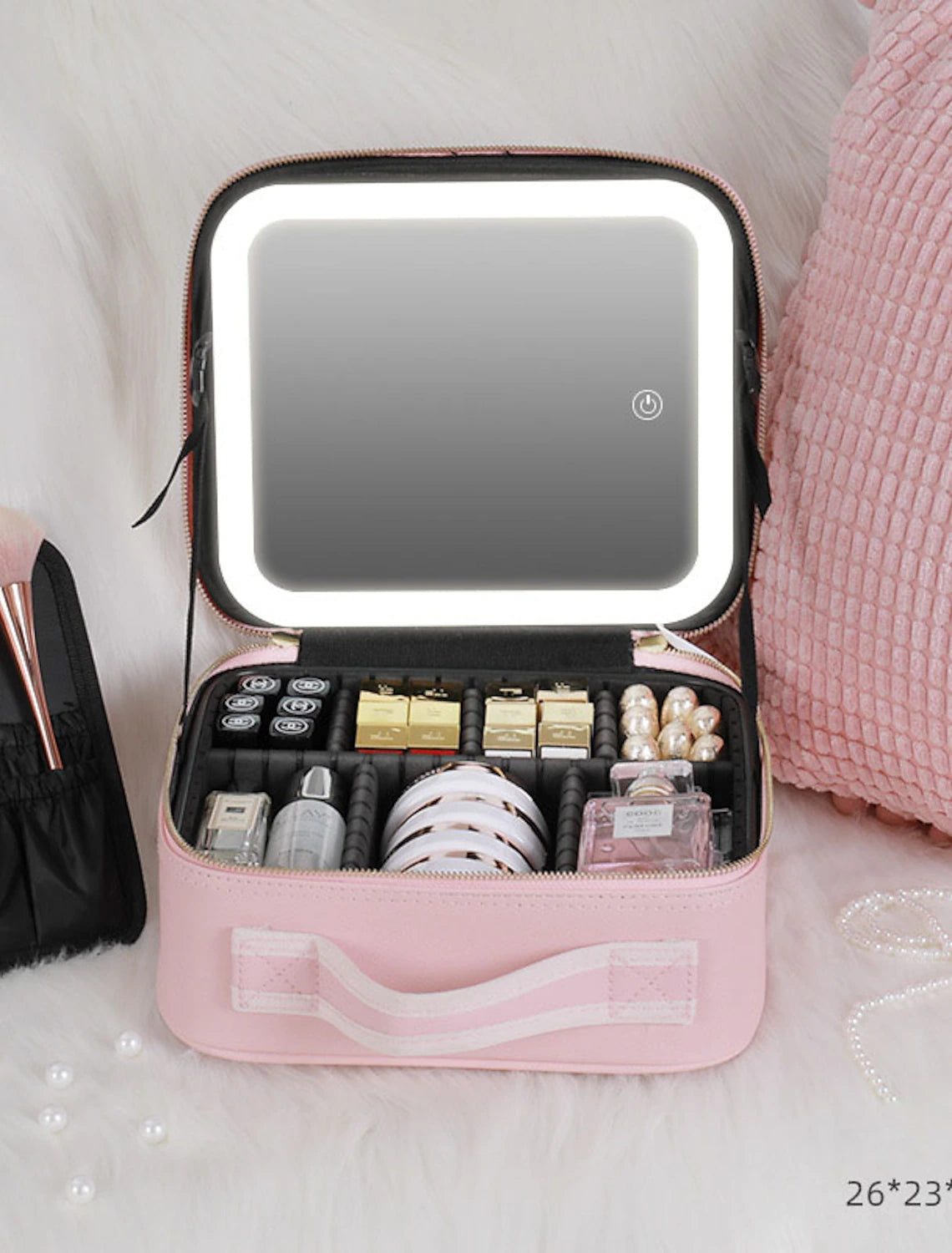 Closed LED lighted travel makeup bag, showcasing its sleek exterior.