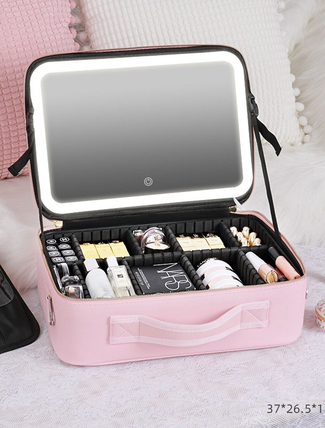Detailed view of the adjustable dividers in the cosmetic organizer.