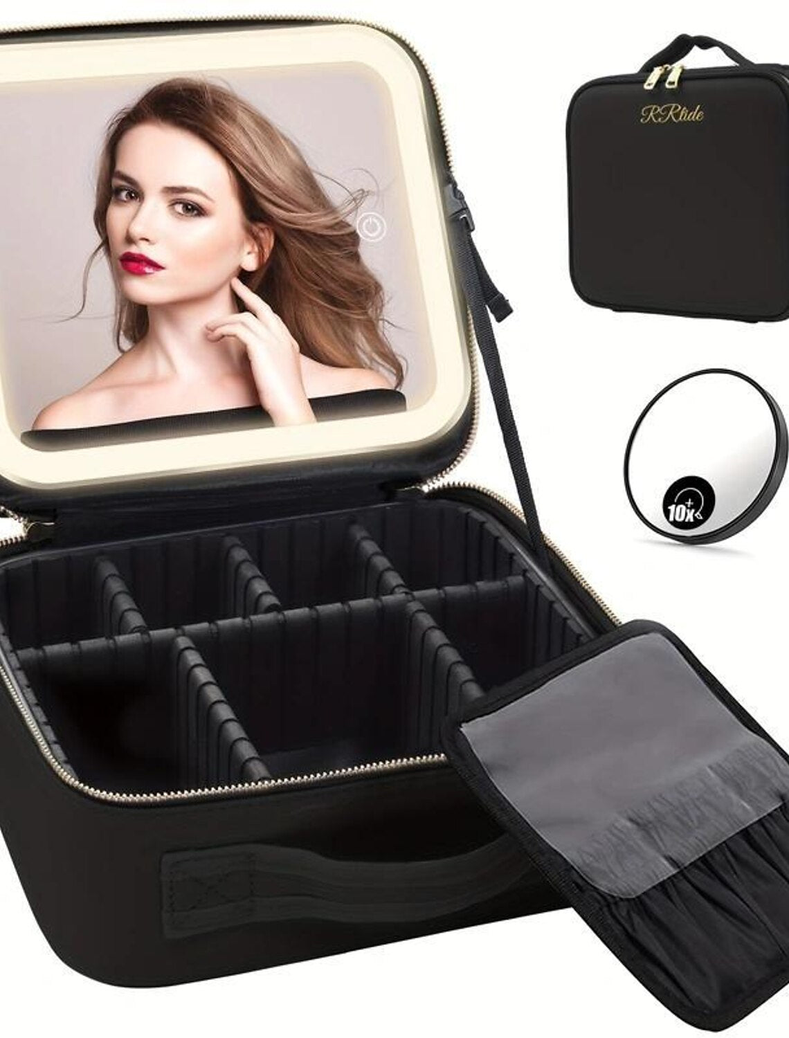 Side view of the travel makeup bag, showcasing its durable material.