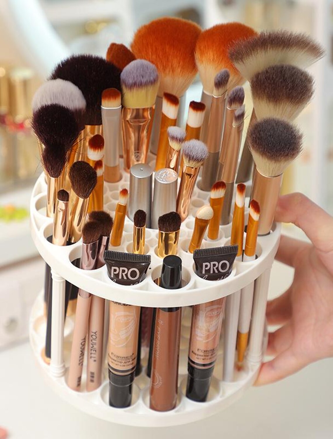 Makeup brush organizer showing air drying design.