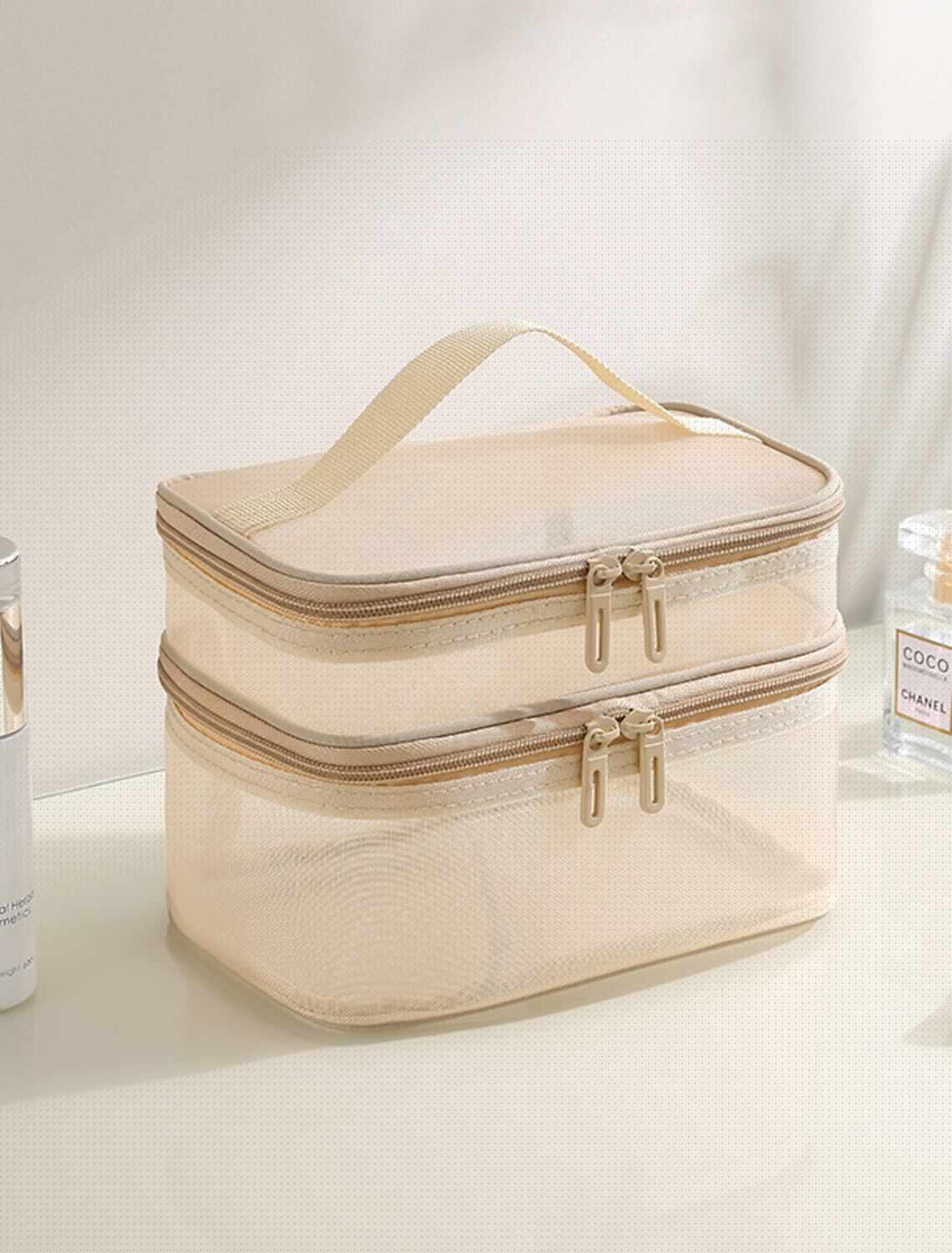 Side view of large capacity mesh wash bag.