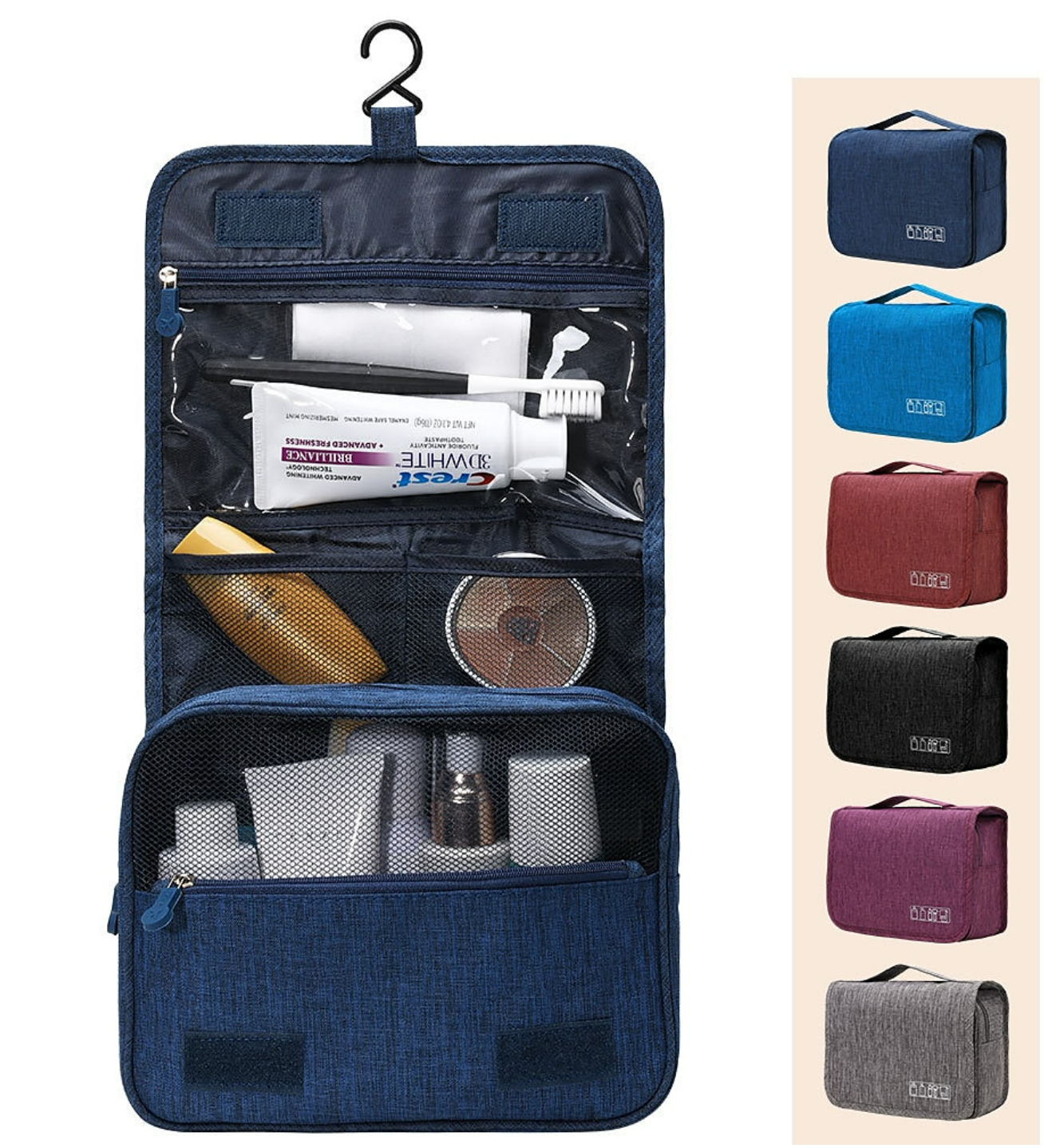 Portable multi-color hanging travel toiletry bag, folded.