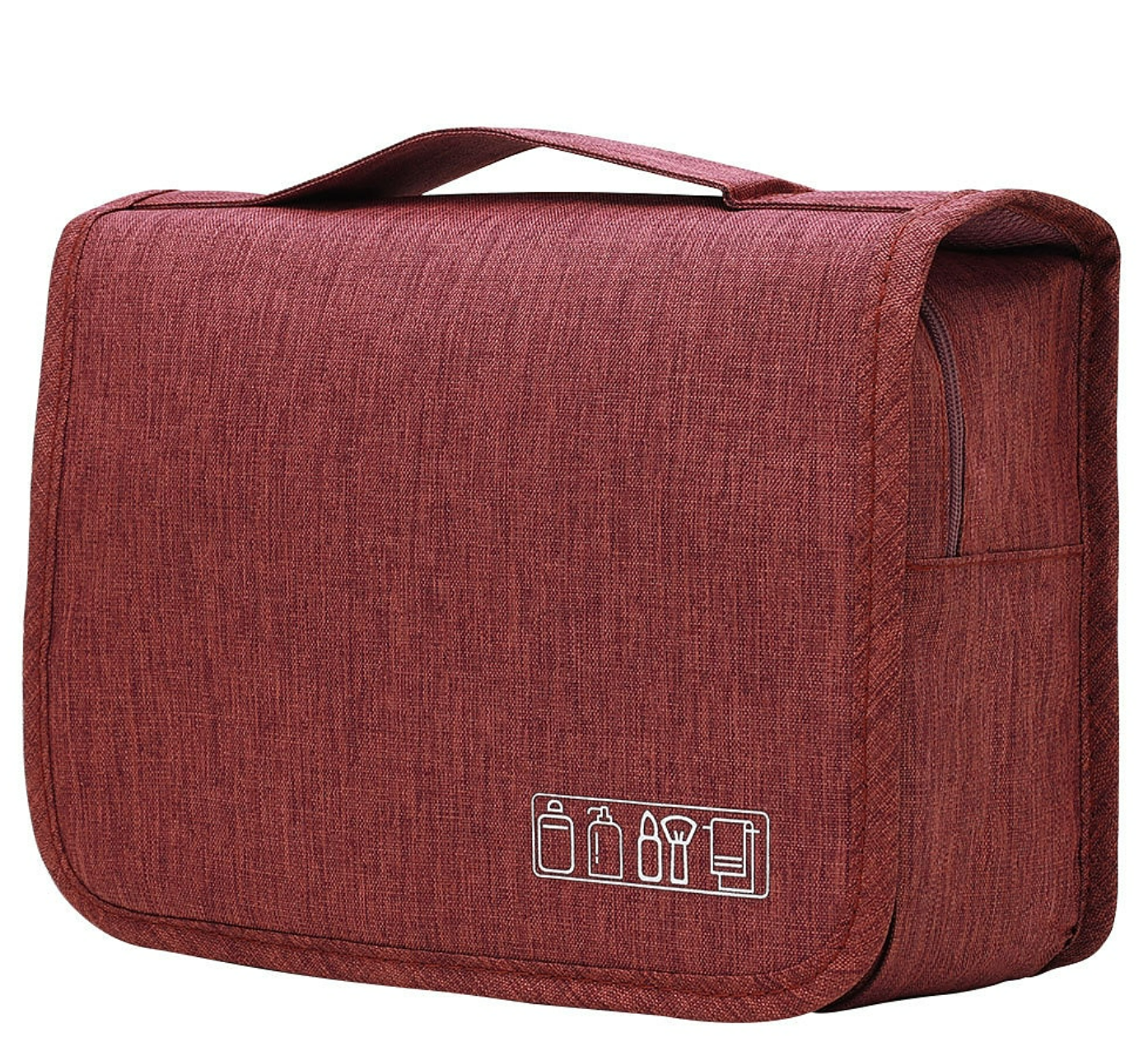 Open multi-color travel toiletry bag with various compartments.
