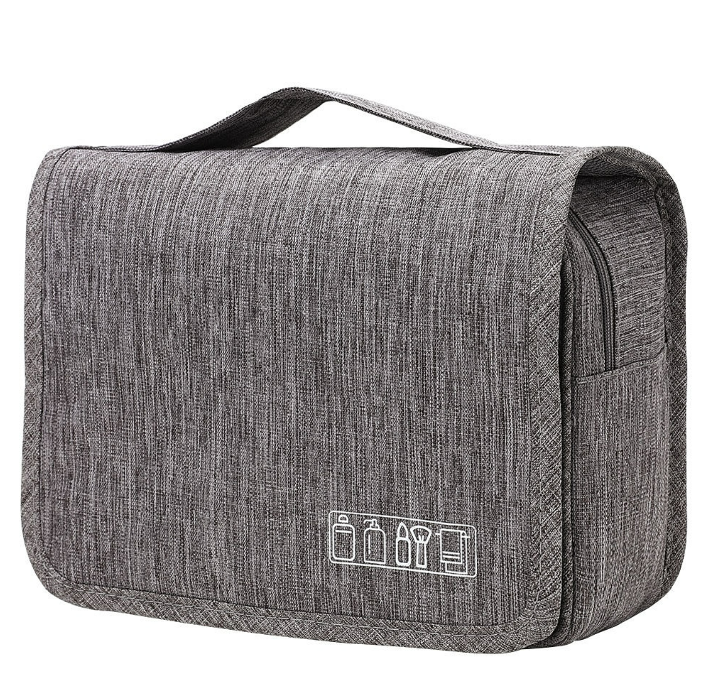 Multi-color hanging toiletry bag with toiletries inside.