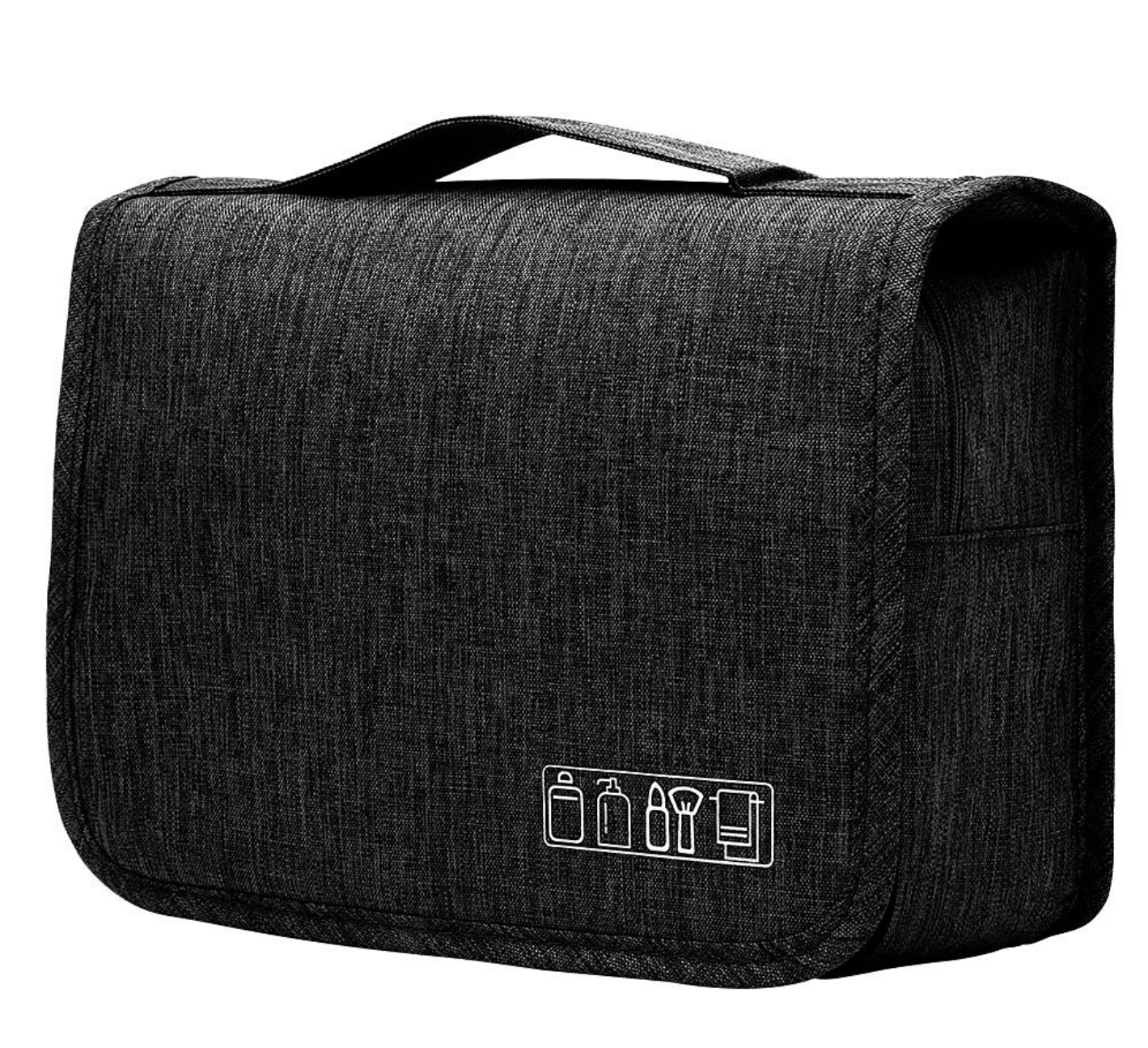 Side view of a multi-color travel wash bag.