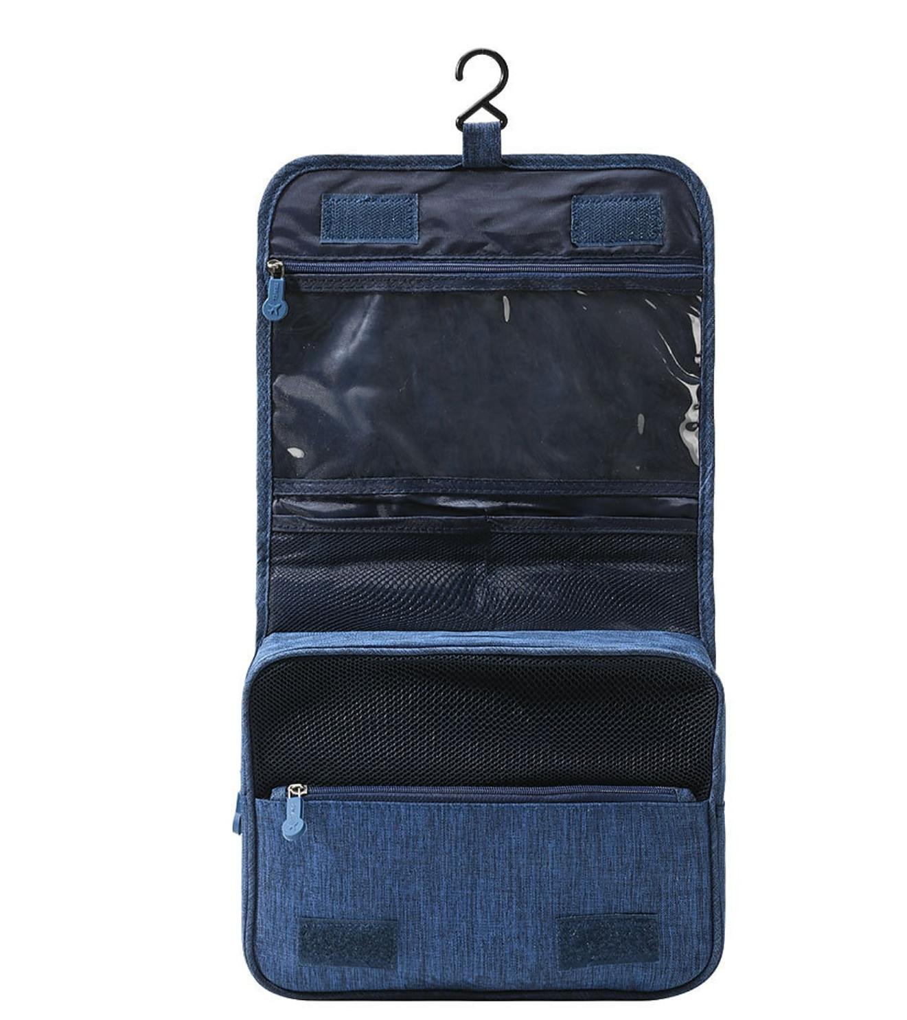 Hanging travel organizer bag, fully open.