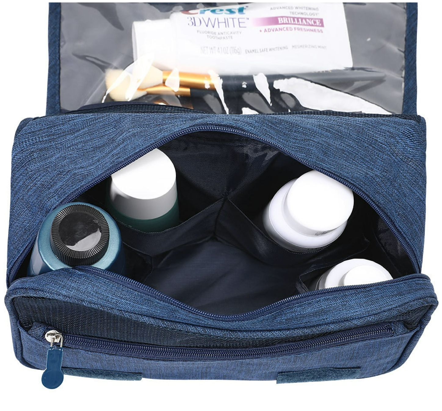 Multi-color toiletry bag with a hook for hanging.