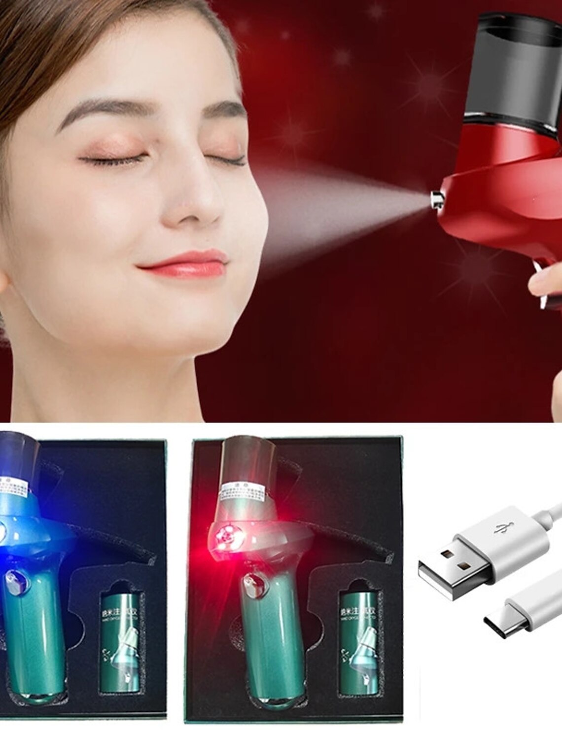 Handheld oxygen injection facial device.