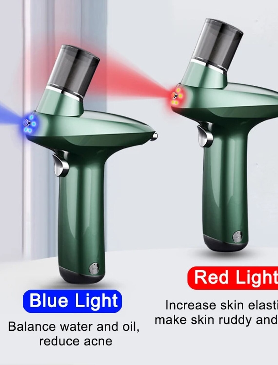 Portable facial sprayer with blue and red light.