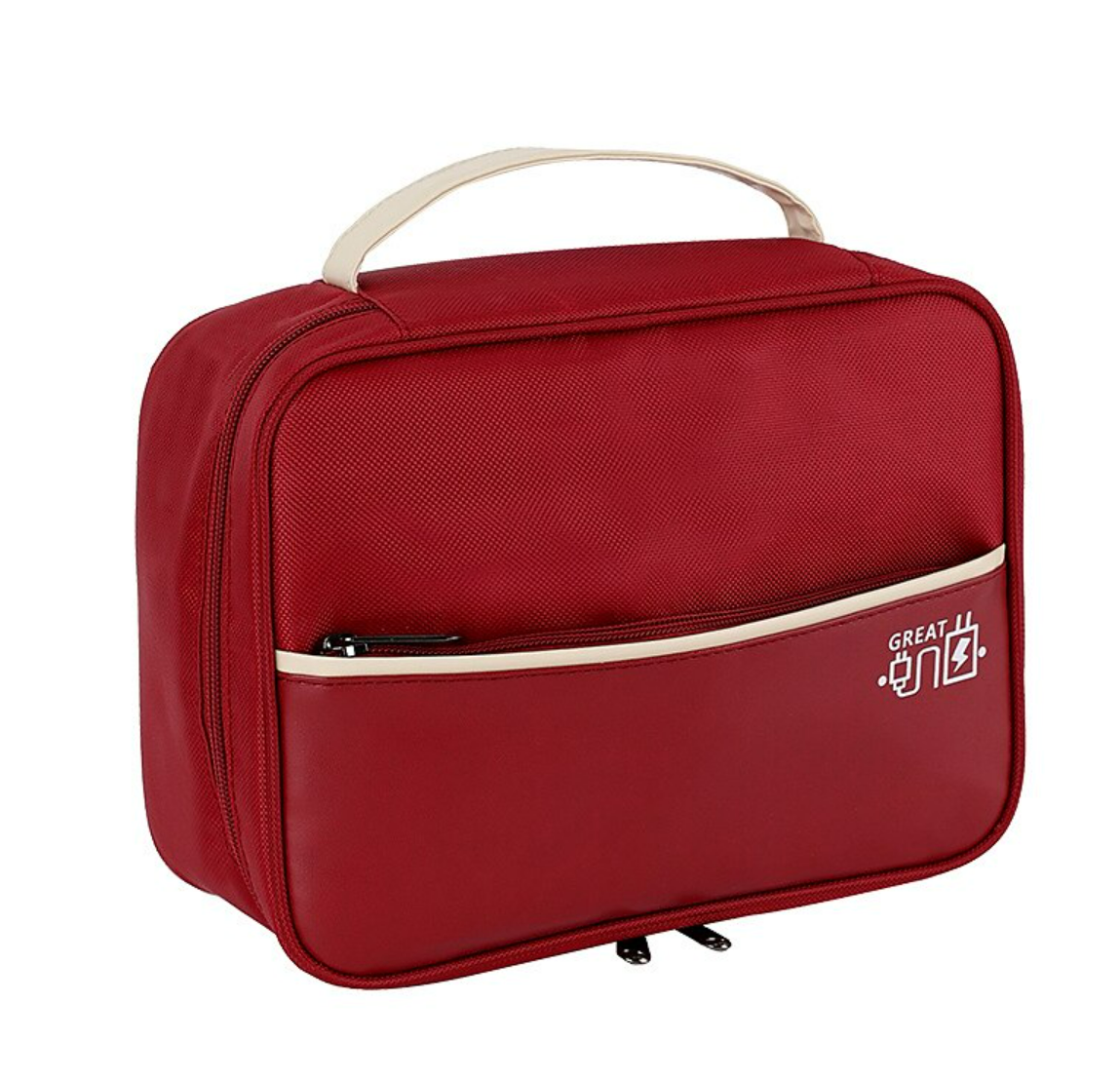 Digital organizer bag filled with various cables and a power bank.