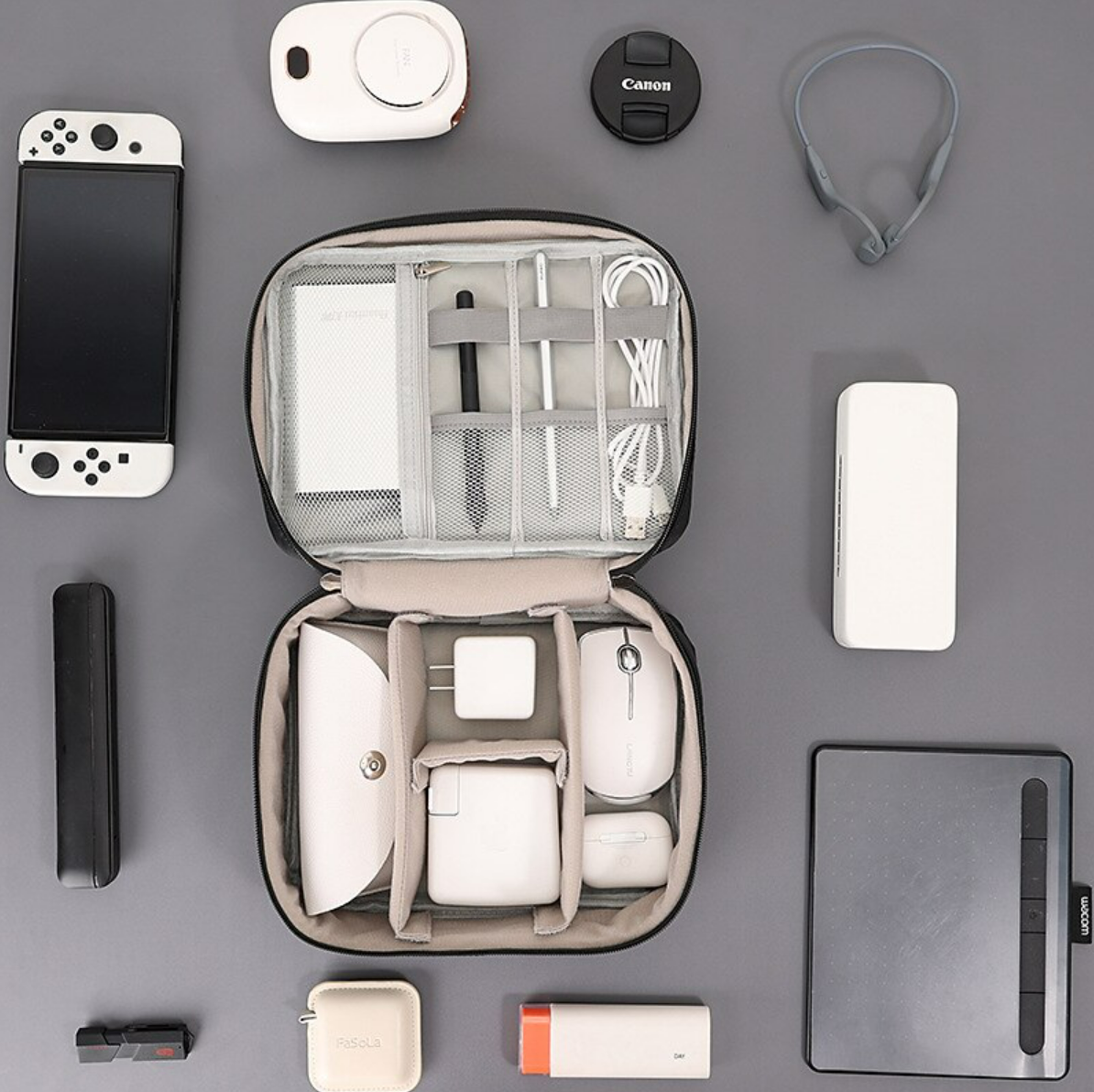 Portable digital organizer bag from an overhead view.